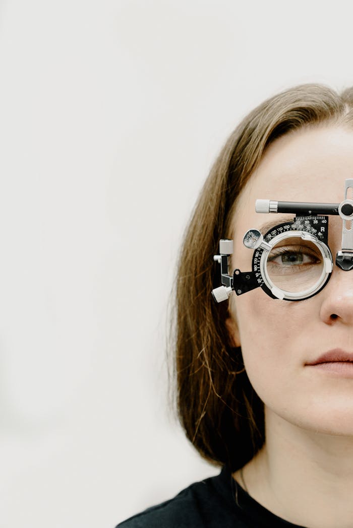 creative Close-up of woman wearing phoropter for vision test in a clinic setting.